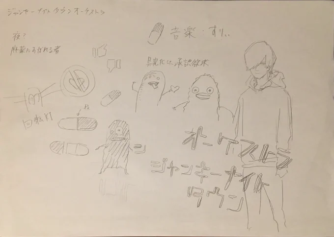 ジャンキーナイトタウンオーケストラ、MV制作最初のほう。とにかく忘れないように思いついたことは描くようにしてた。すりぃさんにいただいたテーマ、歌詞、音を元に、第一印象でイメージした絵を描いてる感じ。実はナースはすりぃさんに指定されたキャラではないのでこの時点で勝手に描いちゃってる。 