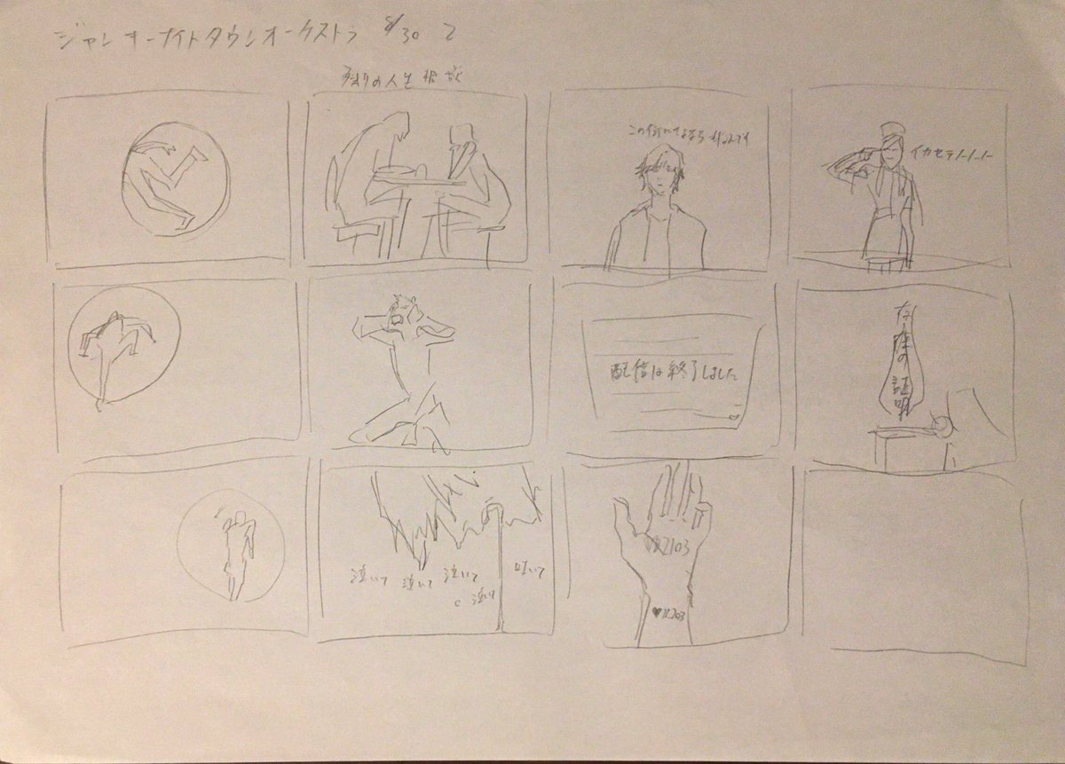 ジャンキーナイトタウンオーケストラ、MV制作最初のほう。とにかく忘れないように思いついたことは描くようにしてた。すりぃさんにいただいたテーマ、歌詞、音を元に、第一印象でイメージした絵を描いてる感じ。実はナースはすりぃさんに指定されたキャラではないのでこの時点で勝手に描いちゃってる。 