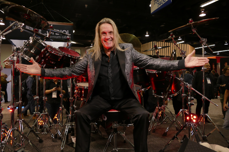 Nicko McBrain at NAMM 2020 in front of his Icarus kit