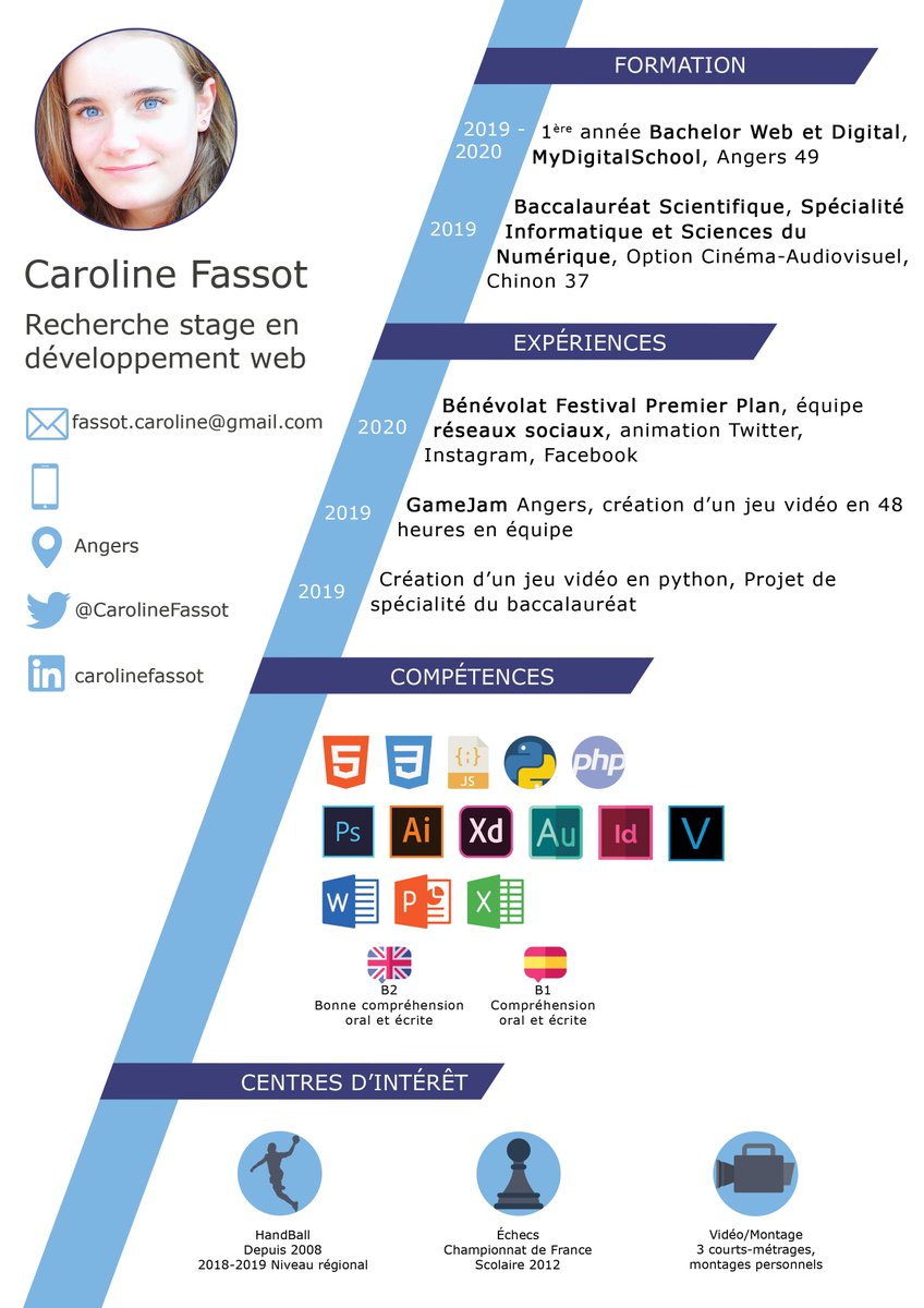 CarolineFassot's tweet photo. Salut ! 👋
💻Étudiante à @MDSAngers en #Web et #Digital 
⁉️ Je suis à la recherche d'un #stage dans le #development web
📍aux alentours d'#Angers, #Tours , #Nantes
📅du 30 mars au 4 juin (ou plus)

➡️https://t.co/eH1J5aEQb8

🔄RT appréciés 😁

Mon cv ⬇️ https://t.co/R0jE9IZc2n