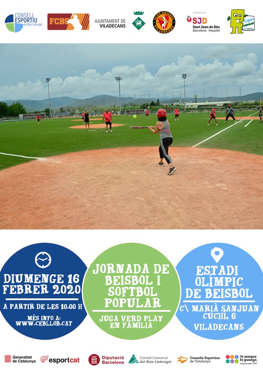 ⚾️Jornada de beisbol i softbol popular!
📆16-02-2020
🕙10-13h
📍Estadi Olímpic de beisbol de Viladecans
✏️Inscripcions:: cebllob.org/?page_id=11357
+ info a cebllob.cat
<a href="/SJDbarcelona_ca/">Hospital Sant Joan de Déu Barcelona CAT</a> <a href="/InsOlimpia/">Ins Olímpia</a> <a href="/AMPAMartaMata_V/">AMPA Marta Mata V!</a> @EGarrofer @AmpaGoar <a href="/ampaenxanetavil/">AFA Enxaneta Vila</a> <a href="/ViladecansTweet/">AjuntamentViladecans</a>