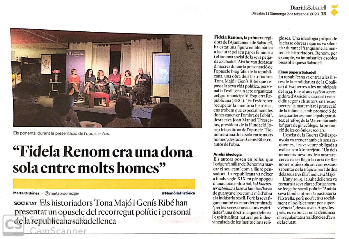 ercsabadell's tweet photo. 📰💜 L'acte sobre #FidelaRenom organitzat dimecres per @DonesERC_SBD i la @fjirla, al @DiariDeSabadell, amb una crònica de la periodista @MartaOrdonezGar. Les lluites de la Fidela —i de l'@Esquerra_ERC dels anys 30— són més vigents que mai.

#SabadellRepublicana #Sabadell #plesbd https://t.co/zCUsweP30x