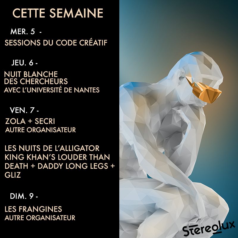 Stereoluxnantes's tweet image. Cette semaine à #Stereolux ! 
#workshop #codecréatif - #NBCNantes - #festival #musique #rock #blues #concert #performance #Nantes