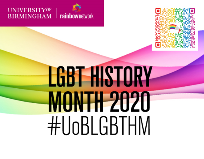 Multicoloured logo for LGBT History Month at University of Birmingham. Contains QR code in top right corner.