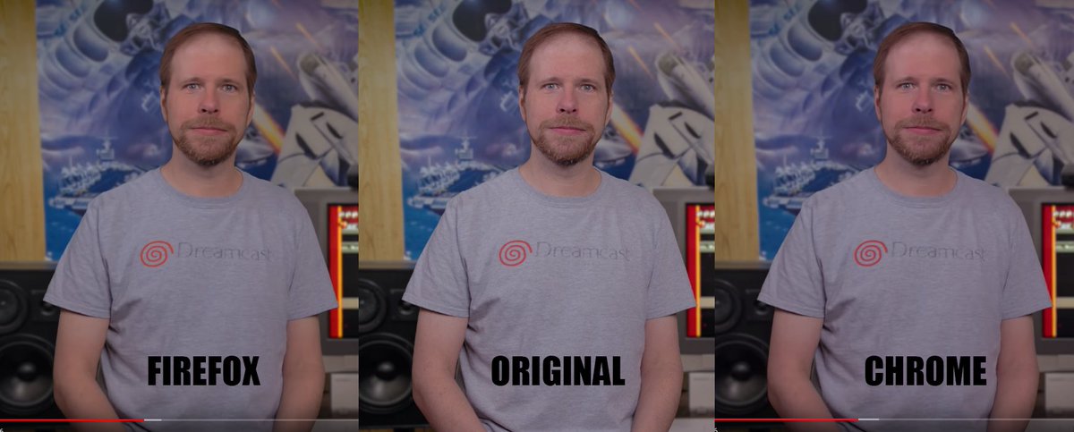 Both Firefox and Chrome are slightly dimmer, Firefox is more orange and Chrome is more red compared to the original.