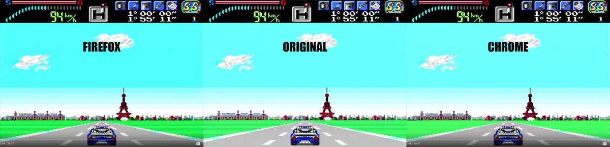 Both browsers are slightly dimmer than the original, however Chrome almost completely wipes away the dark green stripes in the grass.