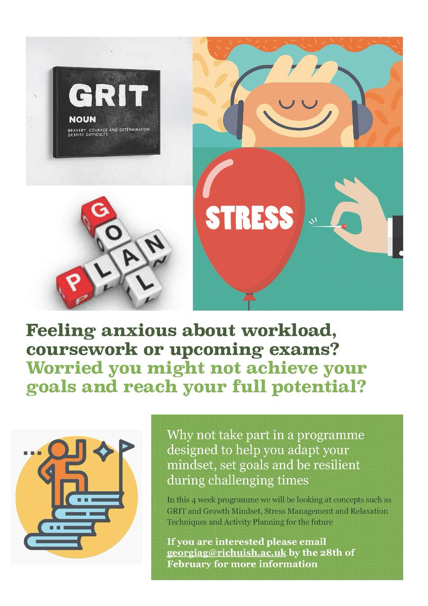 Feeling anxious about workload or upcoming exams, why not take part in a programme designed to help you set goals and be resilient during challenging times. If you are interested please email georgiag@richuish.ac.uk by the 28th February. #wellbeing