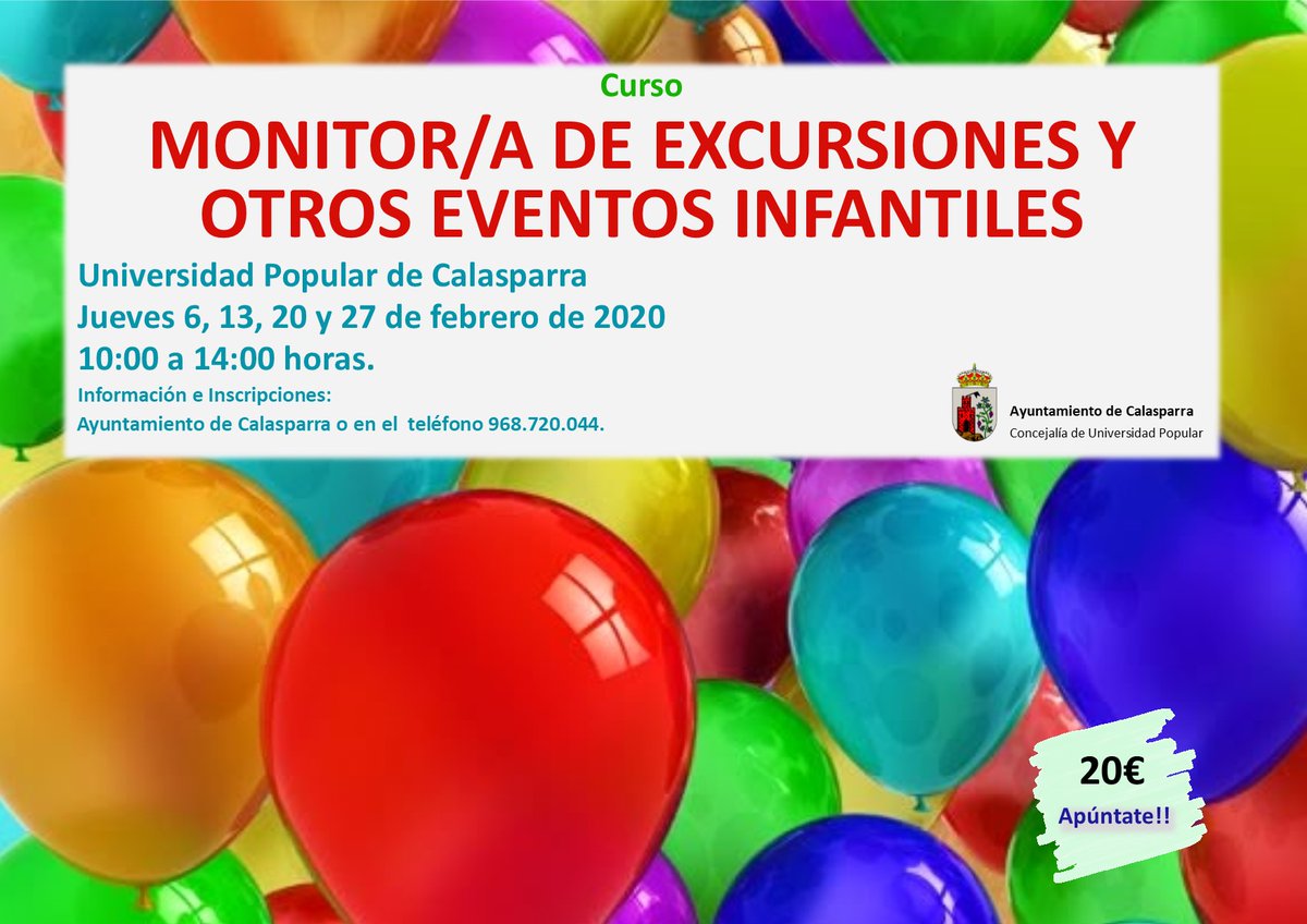 Adinor_'s tweet photo. Si te gusta trabajar en el ocio con los mas pequeños de la casa y quieres ampliar y/o diferenciar tu cv la Universidad Popular de @AytoCalasparra te ofrece este taller... MONITOR/A DE EXCURSIONES Y OTROS EVENTOS INFANTILES. https://t.co/e9HNEZbJXk