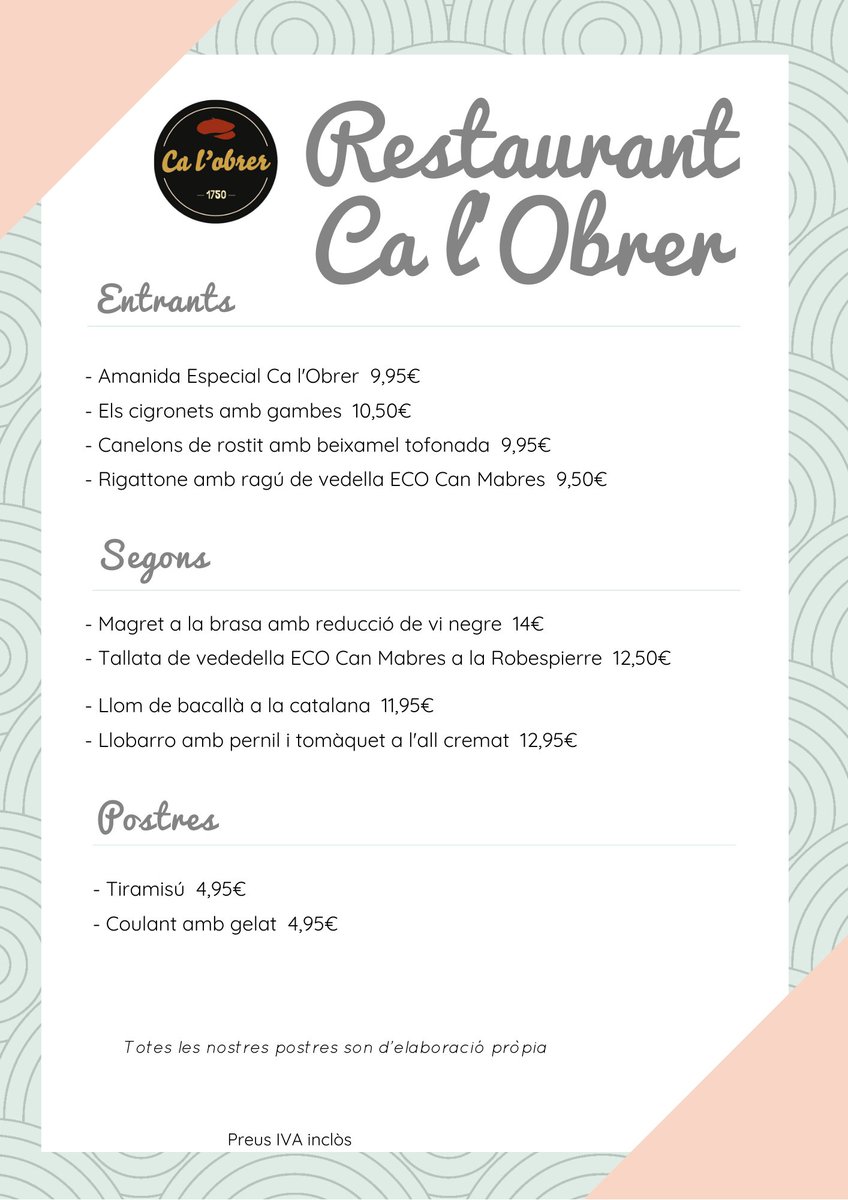 Us deixem l'oferta gastronòmica que trobareu aquest dilluns a Ca l'obrer! 👌🏻 Feu una ullada al #menú del dia i a la nostra petita #carta amb grans plats! 😉 🥗 🥩 🍤.

#Restaurant #Calobrer #Terrassacentre