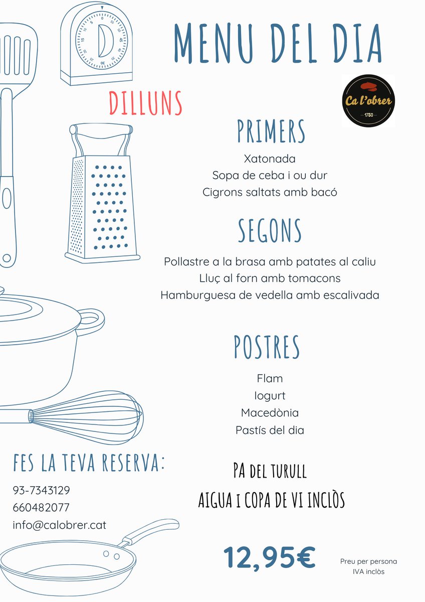 calobrer's tweet photo. Us deixem l'oferta gastronòmica que trobareu aquest dilluns a Ca l'obrer! 👌🏻 Feu una ullada al #menú del dia i a la nostra petita #carta amb grans plats! 😉 🥗 🥩 🍤.
#Restaurant #Calobrer #Terrassacentre https://t.co/iCCYgFvH7g