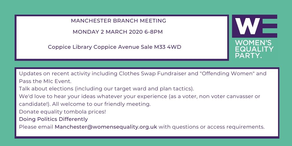 text:Updates on recent activity including Clothes Swap Fundraiser and "Offending Women" and Pass the MIc Event. Talk about elections (including our target ward and plan tactics). We'd love to hear your ideas whatever your experience (as a voter, non voter canvasser or candidate!). All welcome to our friendly meeting. Donate equality tombola prices!
