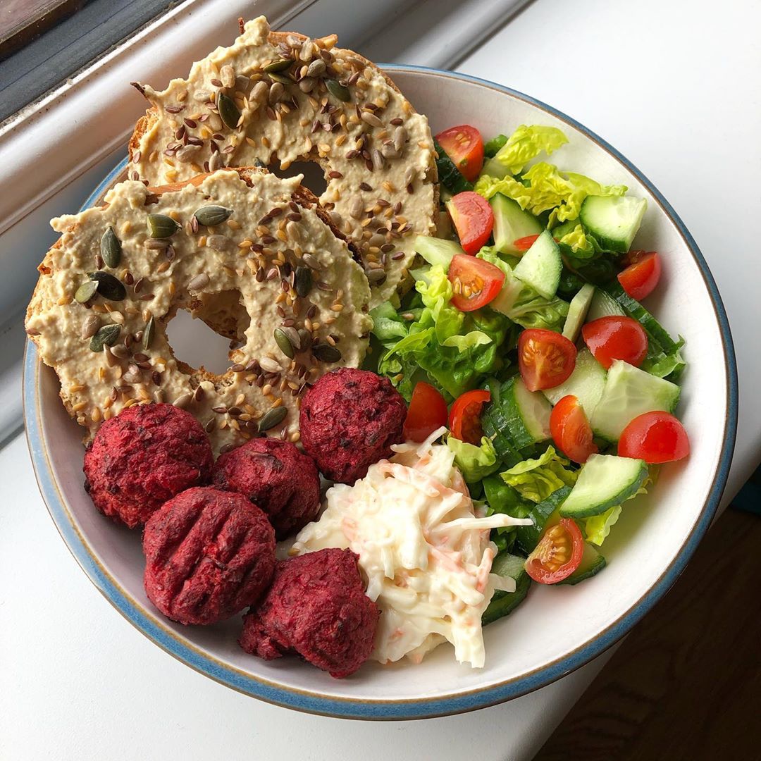 Savoury snack Saturday. It's a thing. It's definitely a thing. Insta user <a href="/vicsveganeats/">vic Ⓥ</a> knows all about it. Just look at her hummus and seed bagel featuring our ridiculously delicious beetroot falafels.