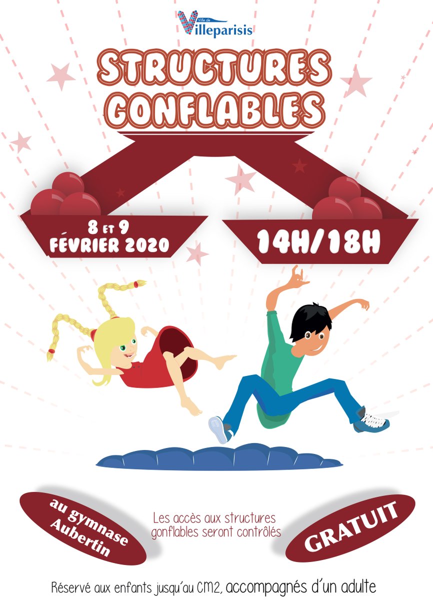 Villeparisis77's tweet photo. Elles reviennent les 8 et 9 février…
Qui ça ?
Les structures gonflables évidemment !
🏃♀️🏃🏃♂️
Les #enfants ont rendez-vous au gymnase Aubertin de #Villeparisis pour #glisser, #sauter, #bondir et #rire.
https://t.co/al6B2XPuFd https://t.co/oDfQJqeKO2