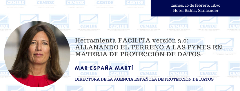 CEMIDE's tweet photo. El próximo lunes día 10 contaremos con la excepcional colaboración de Mar España Martí, directora de la @AEPD_es 
Más información e inscripciones aquí ➡️
https://t.co/VLQWyN1hlo

#FacilitaRGPD https://t.co/V6WjfHzY05