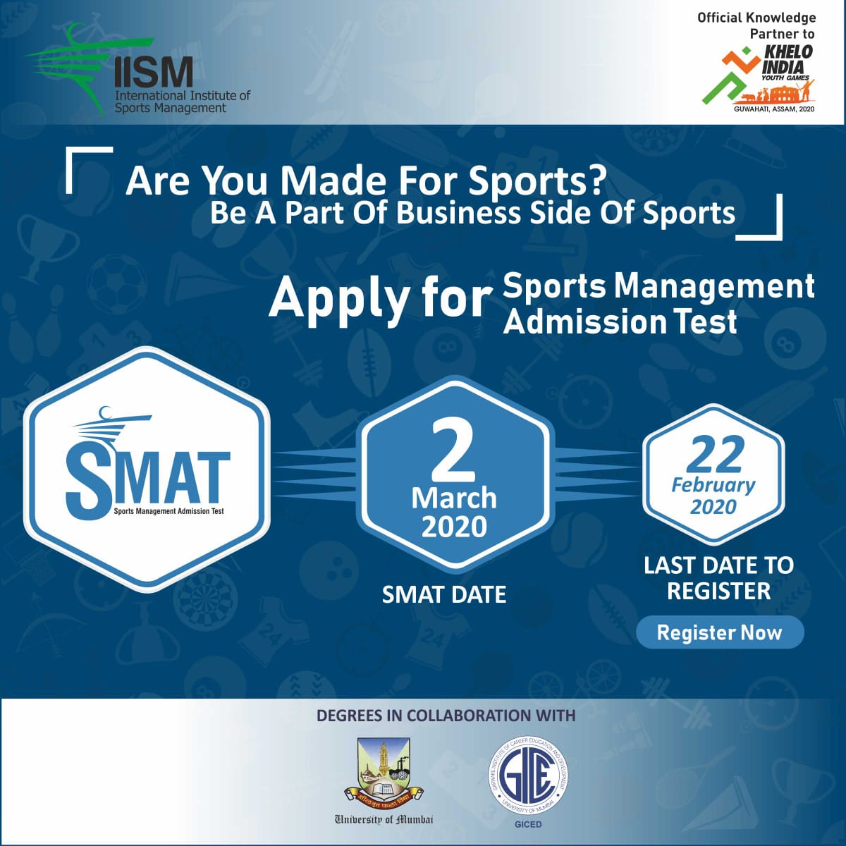 info_iism's tweet photo. Here’s your chance to appear for the next round of #SMAT. Register on or before 22 February 2020
SMAT date: 2 March 2020
Link to register: https://t.co/RXFYKeeRoR
#IISM #IISMStudent #SportsIndustry #Sports #SportsManagement #Education #Career https://t.co/p1SxAwFvdx