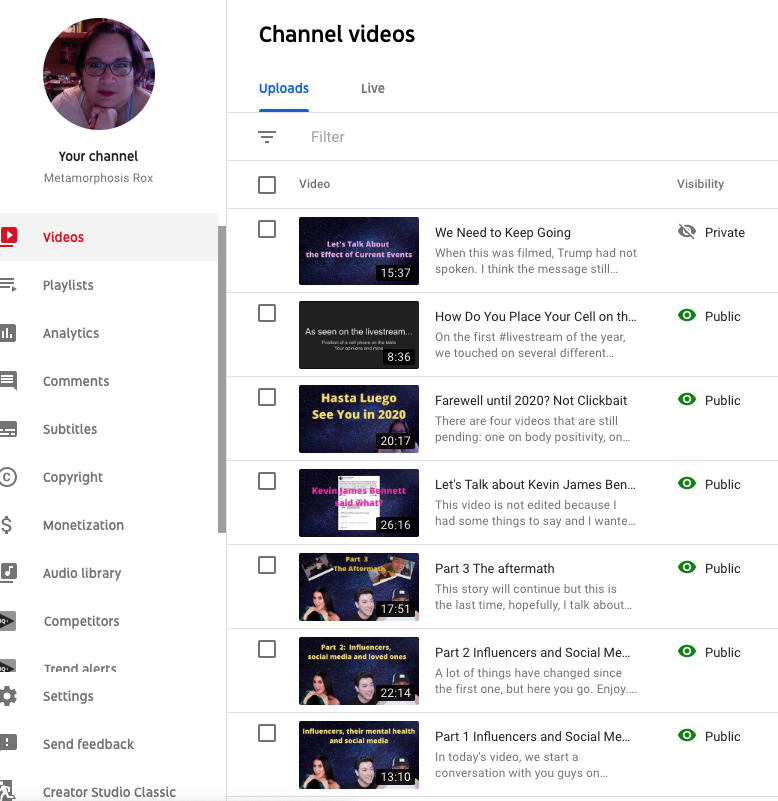 MetamorphosisRx's tweet photo. Dear @YouTube @ytcreators @TeamYouTube this is another example of why we prefer classic #creatorsstudio vs the new version. I just took both these images within 30 seconds of each other. The video "Dear TT Channel" was uploaded last night but on the new version, it disappeared. https://t.co/PHmb9MZ1Zr