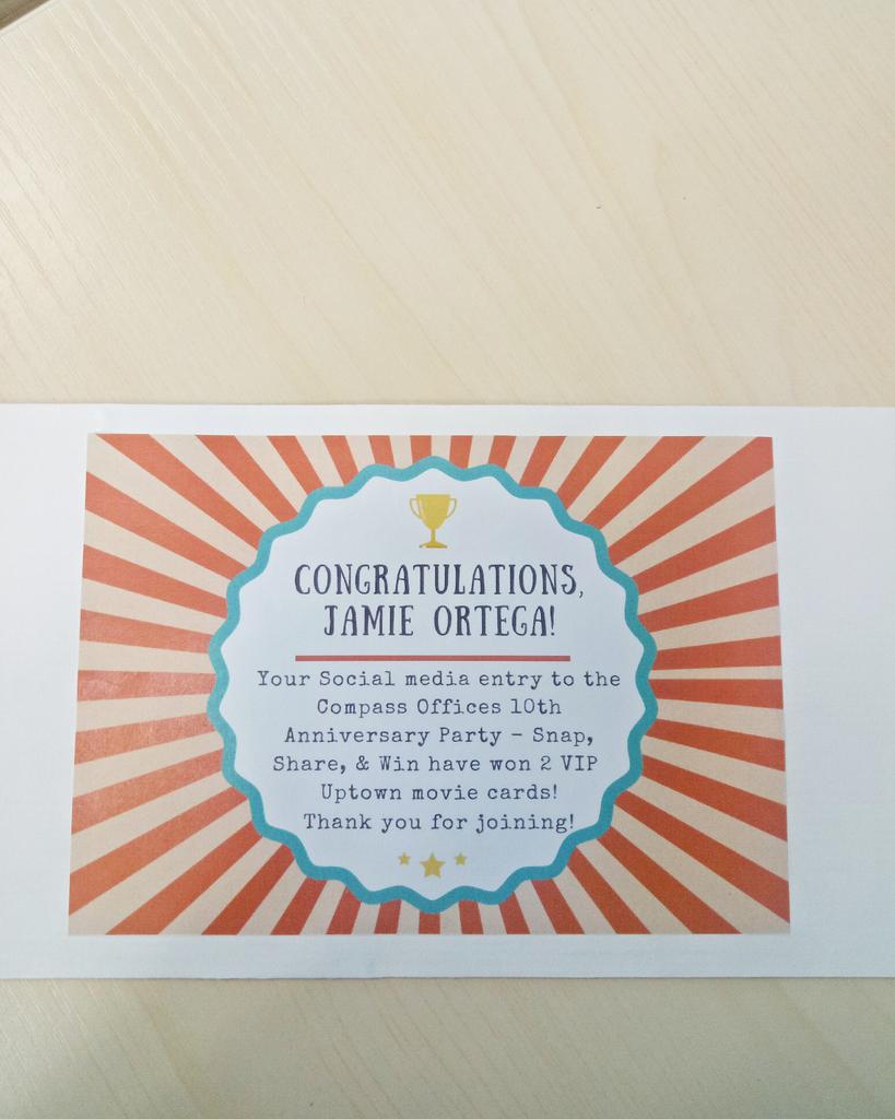 jacquelinemegan's tweet photo. Won two VIP movie tix from Compass offices, our shared working space! They celebrated their 10th anniversary recently 🎉 Now, who to bring as my date? #worklife #contests #prizes #coworking #CompassOffices #ValentinesDay https://t.co/2dQ66iFY71
