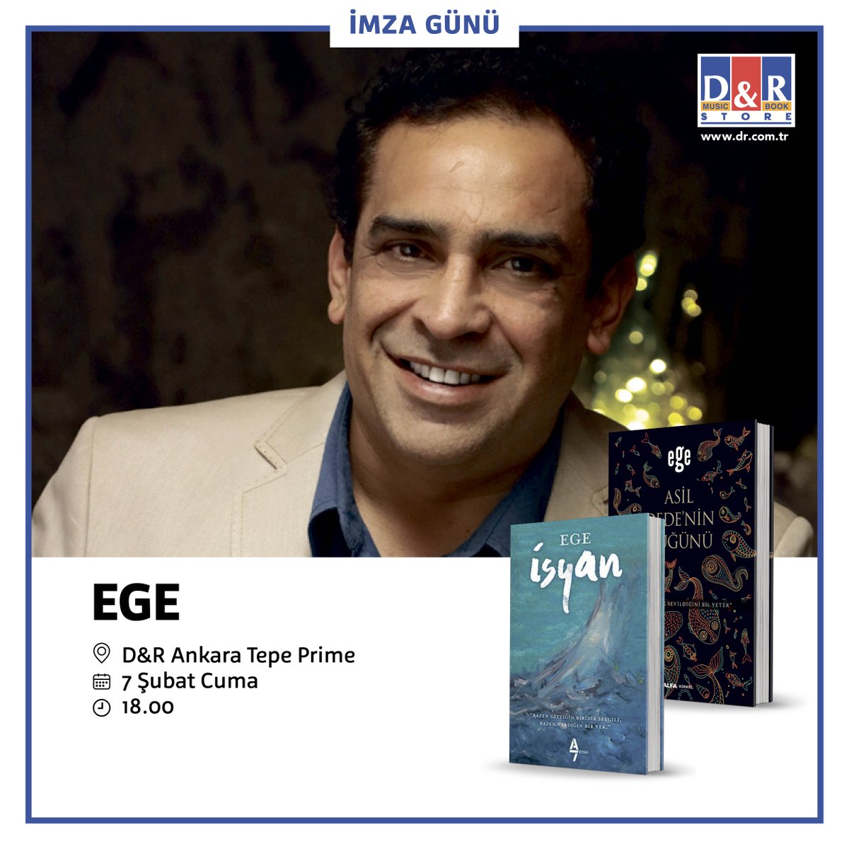 "İsyan" ve "Asil Dede'nin Düğünü" kitaplarının yazarı, 90'lı yıllara damgasını vuran ünlü sanatçı Ege 7 Şubat Cuma, saat 18:00'de imza günü için #TepePrimeAvenue D&amp;R'a geliyor. 🖋📚

Sizleri Ege ile tanışıp kitaplarınızı imzalatmaya bekliyoruz.💝

#TepedeHayatVar <a href="/egeofficialpage/">Ege</a>