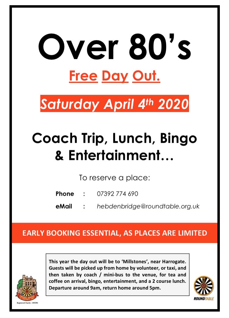 HebdenBridgeRT's tweet photo. After a break last year we are delighted to be running our *free* Over 80’s day out again this April 4th 2020. Places are limited so if you know someone who is over 80 in Hebden Bridge and villages in the local area please register interest - details on poster. #hebdenbridge https://t.co/yHdlrwxw86