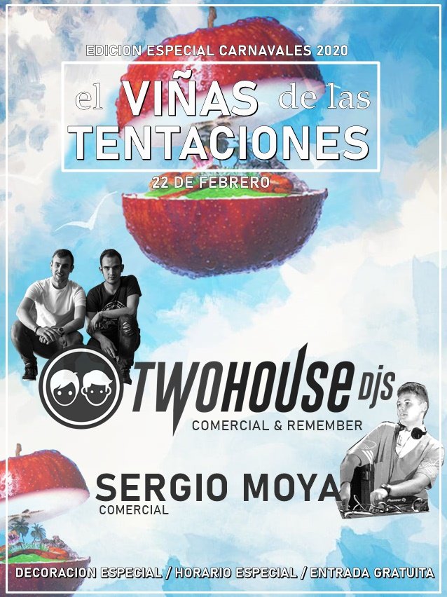 2HOUSEDJ's tweet photo. "el VIÑAS de las TENTACIONES" 🏝️🌋

Te esperamos el 22 de febrero junto a SERGIO MOYA para celebrar los CARNAVALES 2020 en Pub Viñas.

📢 Estefaniaaaaaaaaa...😂

#twohousedjs
#Carnavales2020 https://t.co/XqrjZ9MTZ5