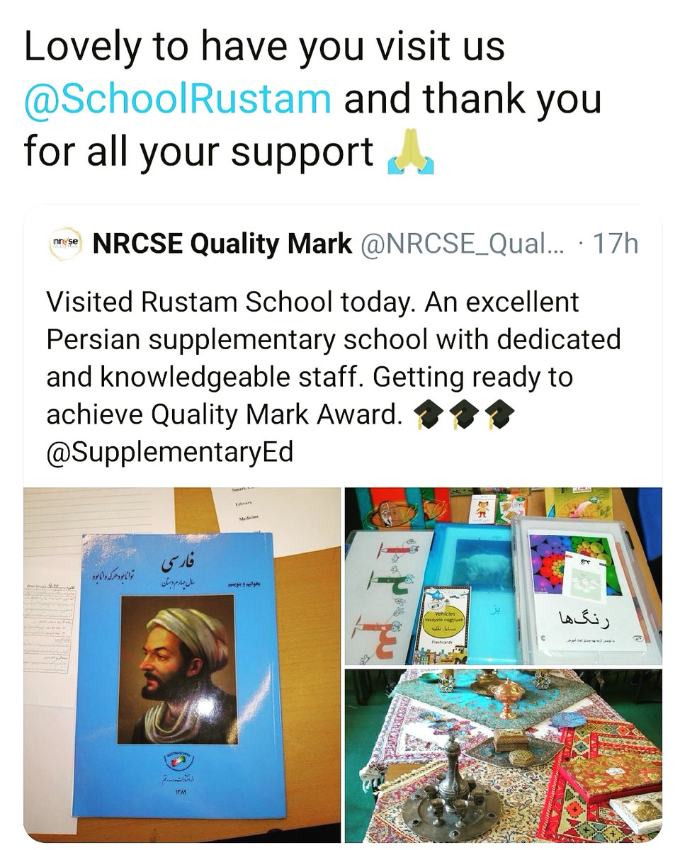 SchoolRustam's tweet photo. ๐@pascalenrc @NRCSE_Quality @NRCSE_Creative for the lovely feedback and a HUGE ๐ to our wonderful staff and volunteers for your hardwork and dedication ๐น#persianschool #qualityframework #supplementoryschool https://t.co/BuSEFSfMNf