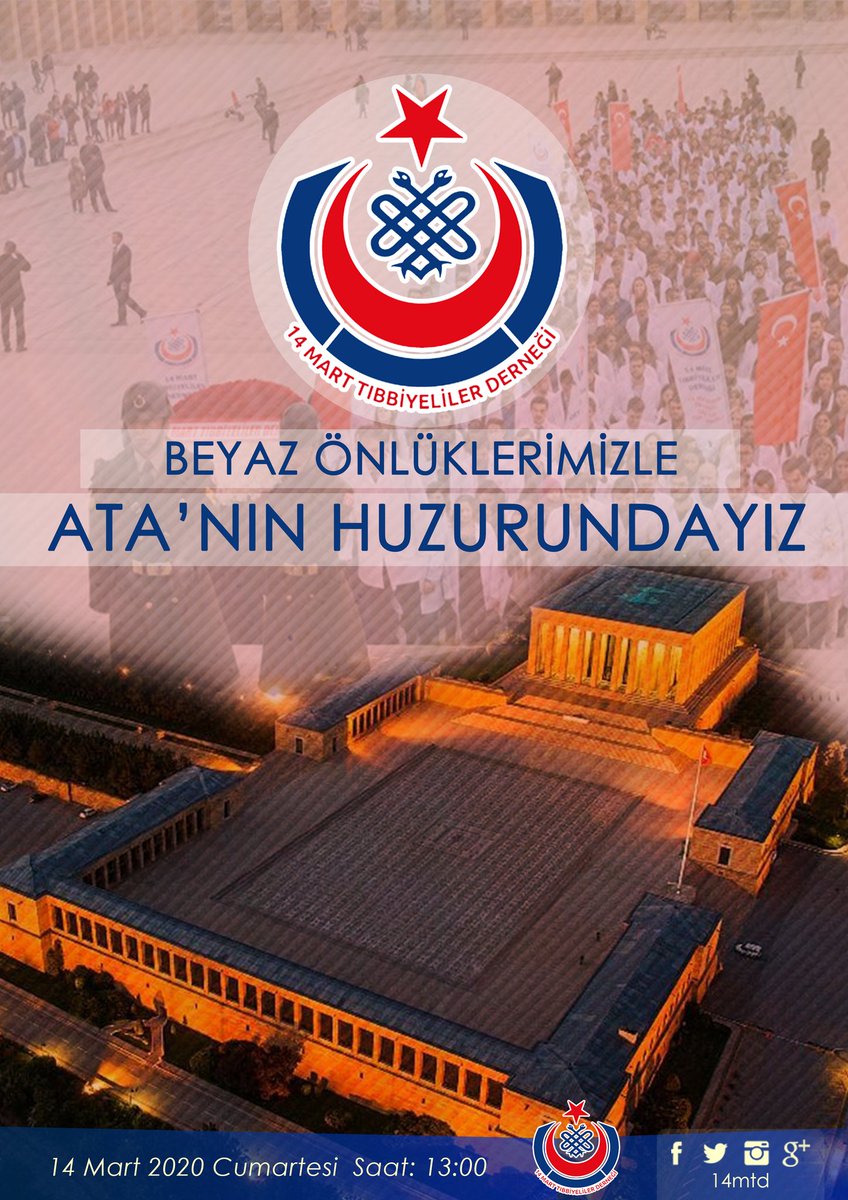 14mtd's tweet photo. Her yıl olduğu gibi bu yıl da 14 Mart Tıp Bayramı'nda Atamızın huzurundayız.

Önlüğünü al, 14 Mart 2020 Cumartesi saat 13:00'da Aslanlı Yol'da sen de bizimle ol.

#14mtd https://t.co/A1sIBAO9JB