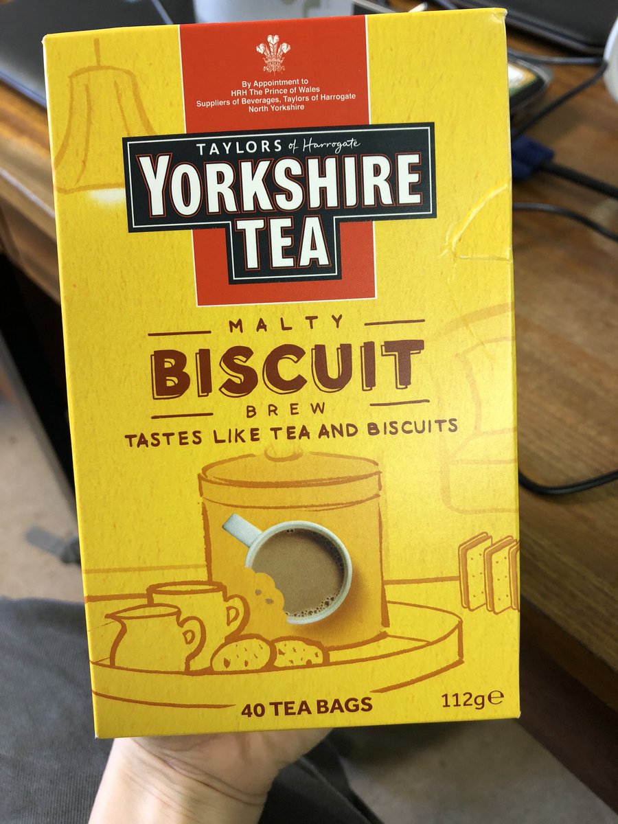 A box of biscuit brew teabags by Yorkshire tea.