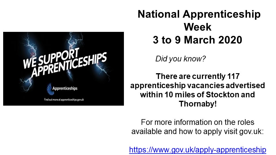 National Apprenticeship Week 3 to 9 March 2020 There are currently 117 apprenticeship vacancies advertised within 10 miles of Stockton and Thornaby!