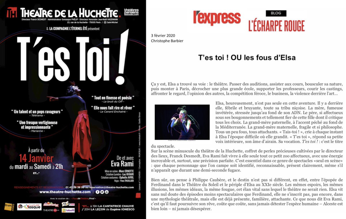 theatrehuchette's tweet photo. “Sur la scène de la Huchette, coffret de perles précieuses cultivées par le directeur des lieux, Franck Desmedt, Eva Rami fait vivre à elle seule tout ce petit zoo affectueux, avec une énergie incroyable et, surtout, une précision parfaite“... Merci Christophe Barbier ! https://t.co/iyxjULcSAi