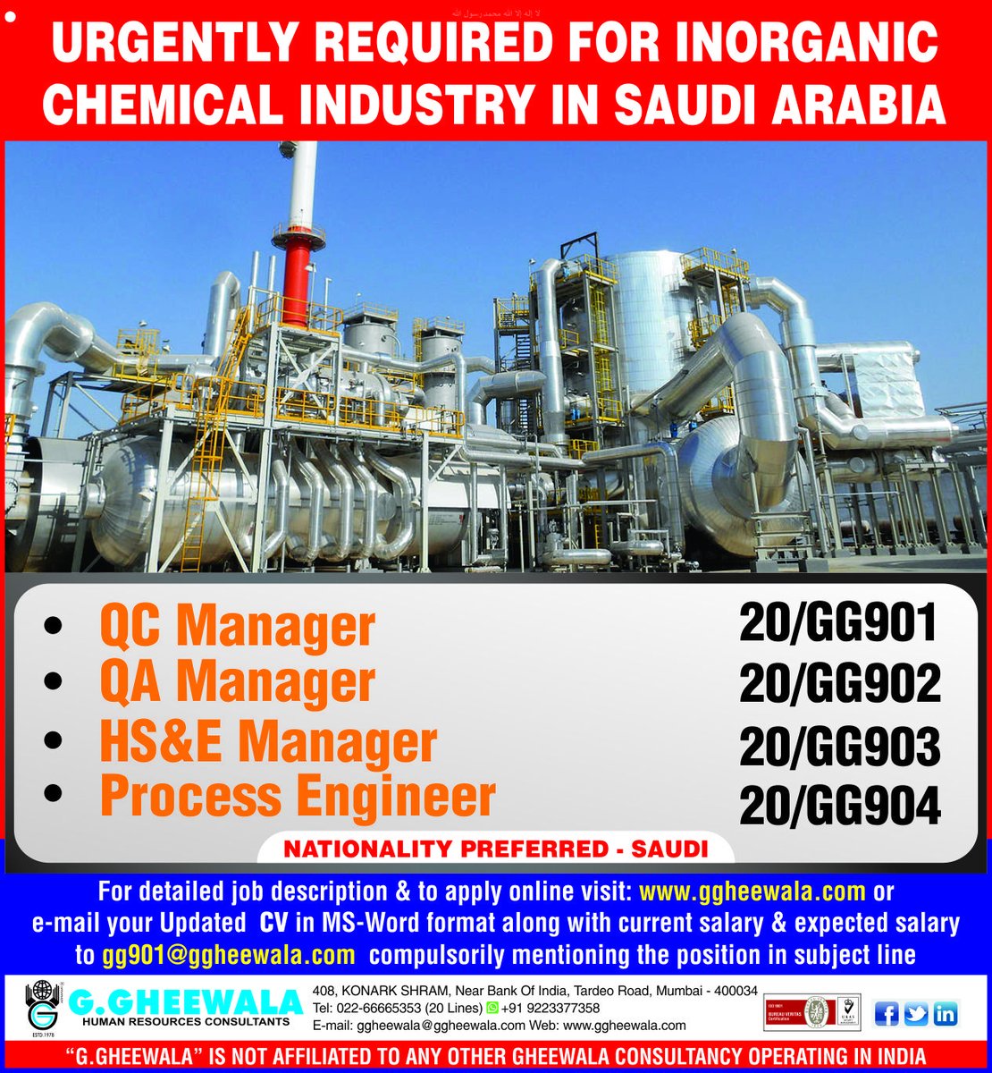 ggheewala1's tweet photo. #Inoraganic_Chemical #Chemical #QC_Manager #QA_Manager #HSE_Manager #Process_Engineer #QC #QA #HSE #Process #Engineer #Saudi_Arabia #GCC #KSA #Jobs #GULF_Jobs #Arab_Job https://t.co/BJmF3Pv9iT