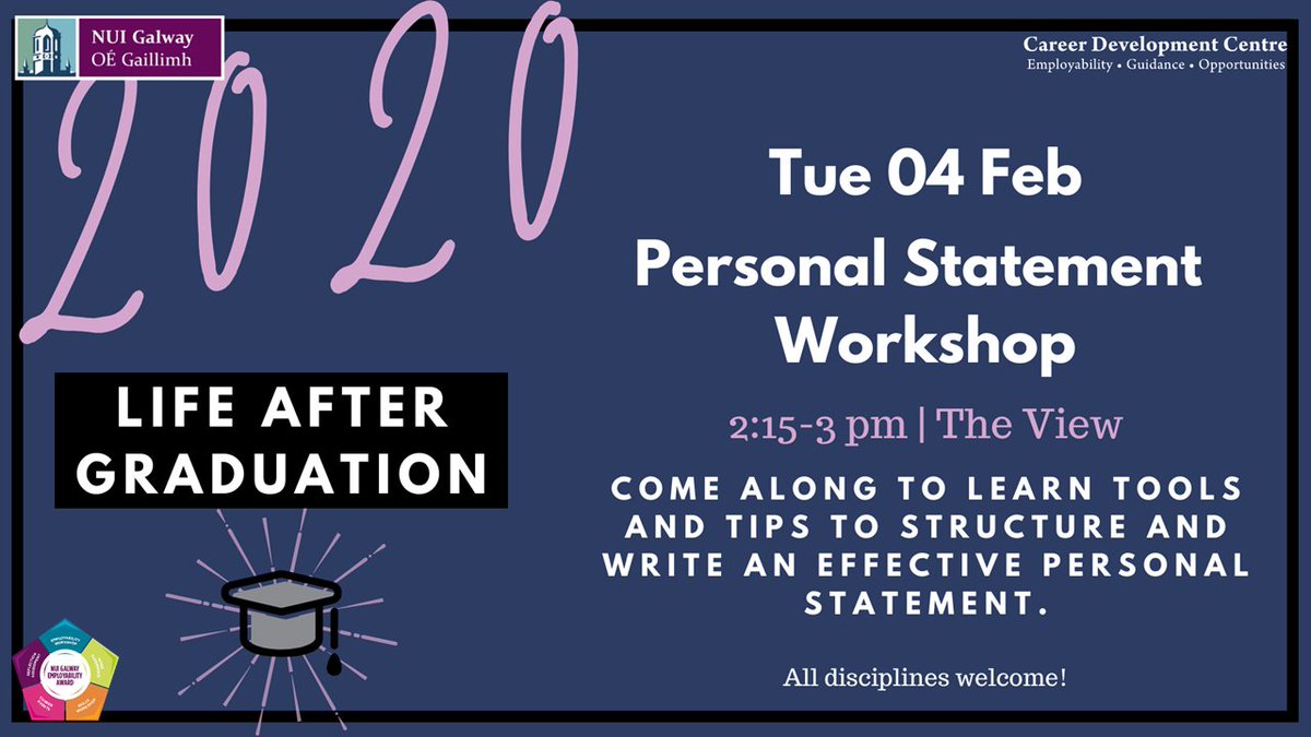 GalwayCareers's tweet photo. Are you interested in applying to a postgraduate course?
Come along to our Personal Statement Workshop tomorrow 2.15-3pm!
#personalstatementworkshop #nuigcareers #getjobready https://t.co/GCA1bGpX9f