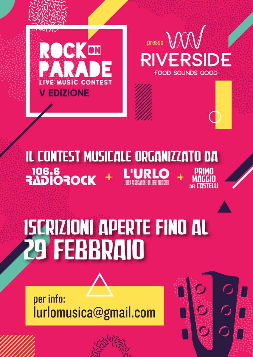 RadioRock106e6's tweet photo. Hai una band o sei un solista? #RockOnParade è il più grande contest musicale di Roma e provincia organizzato in collaborazione con RR e #PrimoMaggioDeiCastelli in programma, a marzo, presso il @RiversideFSG! ISCRIZIONI APERTE FINO AL 29/02. 👉 https://t.co/t28rvTAVsp. https://t.co/luTsMSgn1N