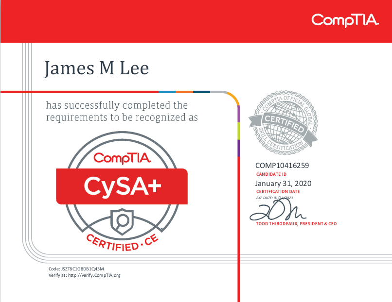 jamesleejnr's tweet photo. Nearly 4 months of hard work (and the reason my feed has been so quiet) made this happen, and on #Brexit Day too!
#Certified #CySA #CyberSecurity https://t.co/UgrfyTvkC5
