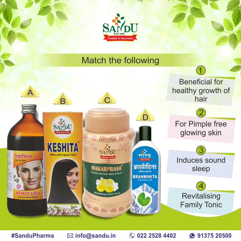 Match the following product with it's correct benefits.
.
.
.
#Sandupharma #sanduAyurved #Ayurved #Ayurvedaproducts #Ayurvedaforeverydaylife