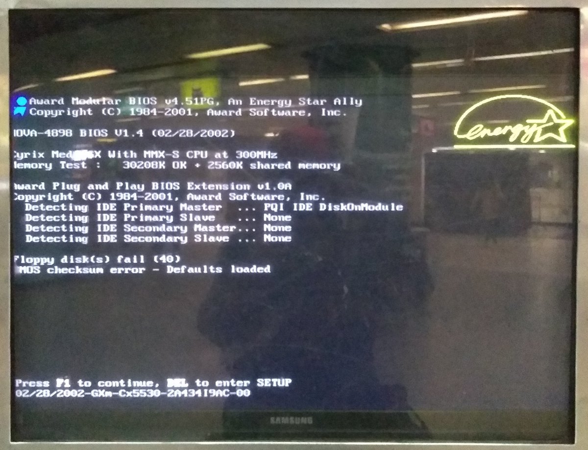Electronic signage indicating trains and platorms for LIRR failing to do its duty because "Floppy disk(s) fail (40)" error during BIOS POST.
