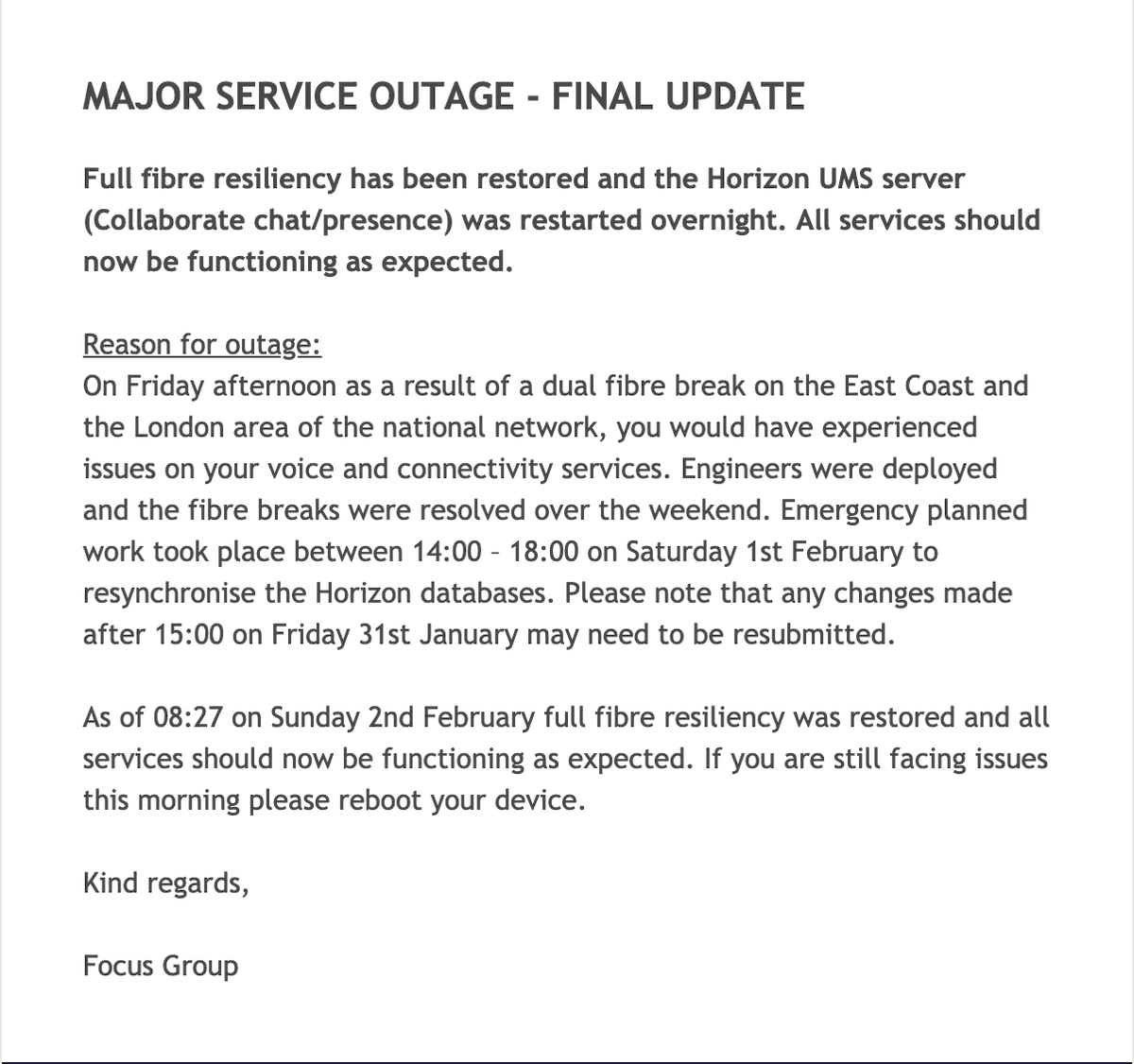 focusgrp_uk's tweet photo. ❗️MSO - FINAL UPDATE 
Full fibre resiliency has been restored &amp; the Horizon UMS server (Collaborate chat/presence) was restarted overnight. All services should now be functioning as expected
Reasons for outage 👇 https://t.co/atLbgdVzHc