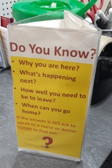 emilytulk13's tweet image. Great idea ward 3! Bedside stand encouraging patients to ask the 4 questions to understand their plan #everydaycounts #empoweredpatients
