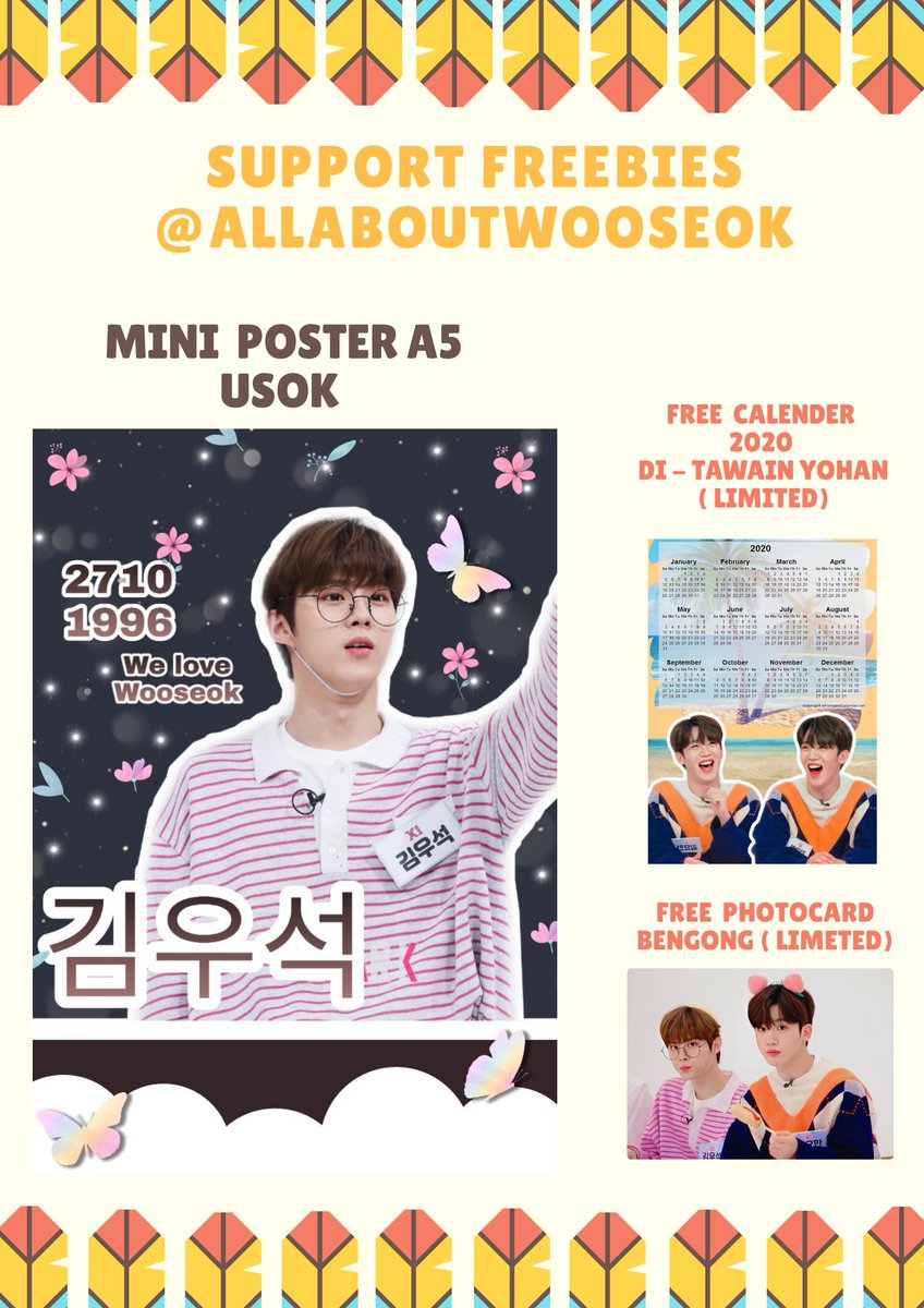 mzyohanndol's tweet photo. 🐙 SUPPORT FREEBIES 🐙

Event @allaboutwooseok 

U will get:
▪1 MINI POSTER A5 USOK 
FREE CALENDER DIKETAWAIN YOHAN 2020 atau PHOTOCARD SOKHAN BENGONG ( LIMITED)

Kl gasuka jangan di buang ye shay apalagi dijual wkwkwk. Desain Mini poster by @adee618

Trade? Dm me!!
See u 🙋 https://t.co/dfoXIHCfIC