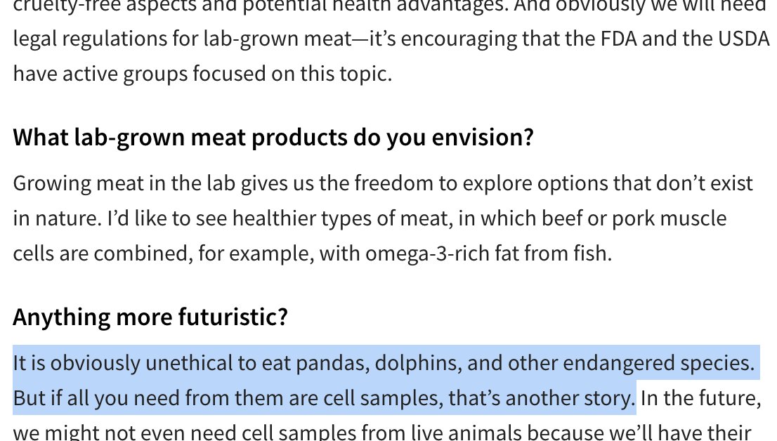 Screenshot: It is obviously unethical to eat pandas, dolphins, and other endangered species. But if all you need from them are cell samples, that’s another story.