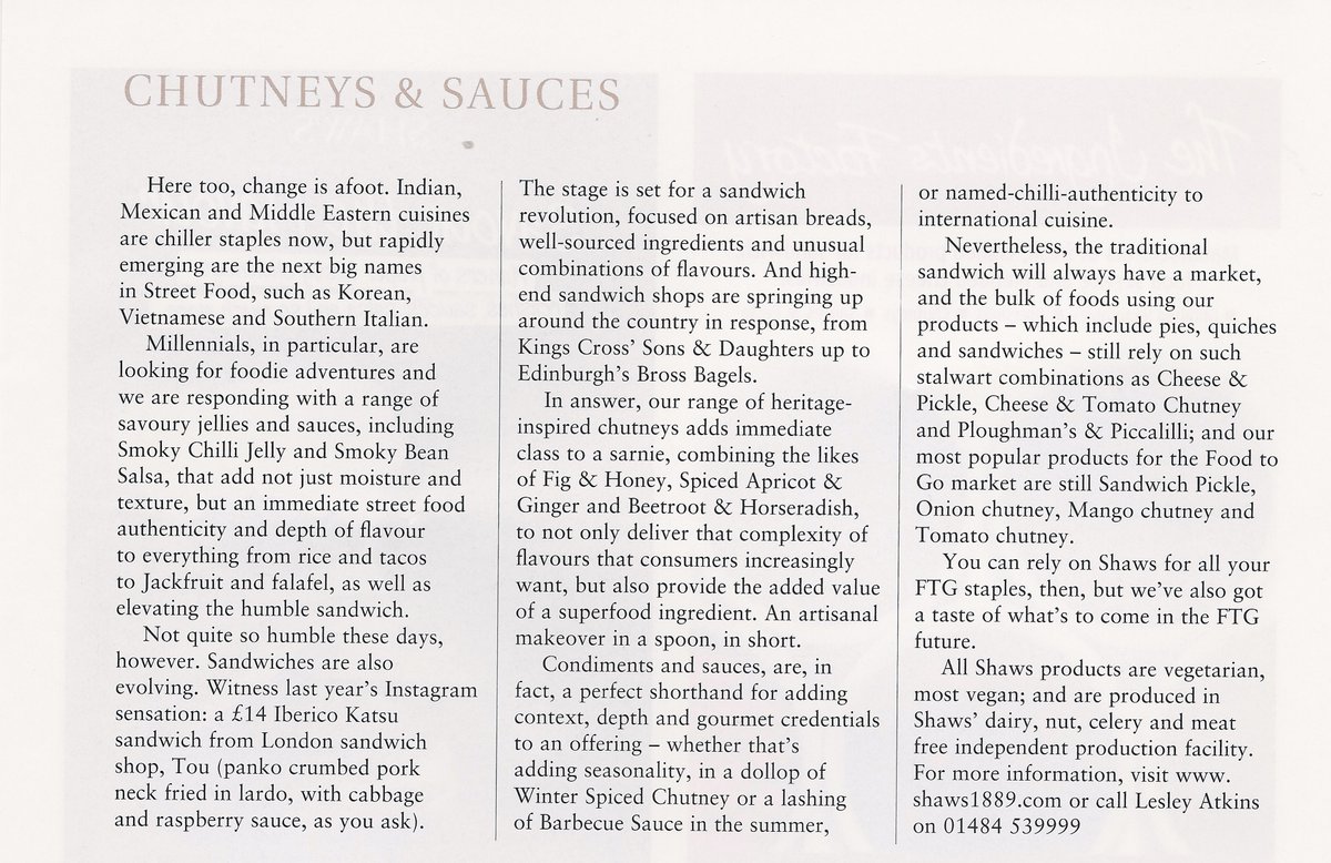 dandylisa's tweet photo. Great, insightful, #FoodToGo #trend spotting piece by @shaws1889 MD #JanDocker in Feb's @BritSandwich magazine. All you need is a dollop of contextualising #chutney or authentic #salsa to keep ahead of the game ... https://t.co/yXVOy0sizb