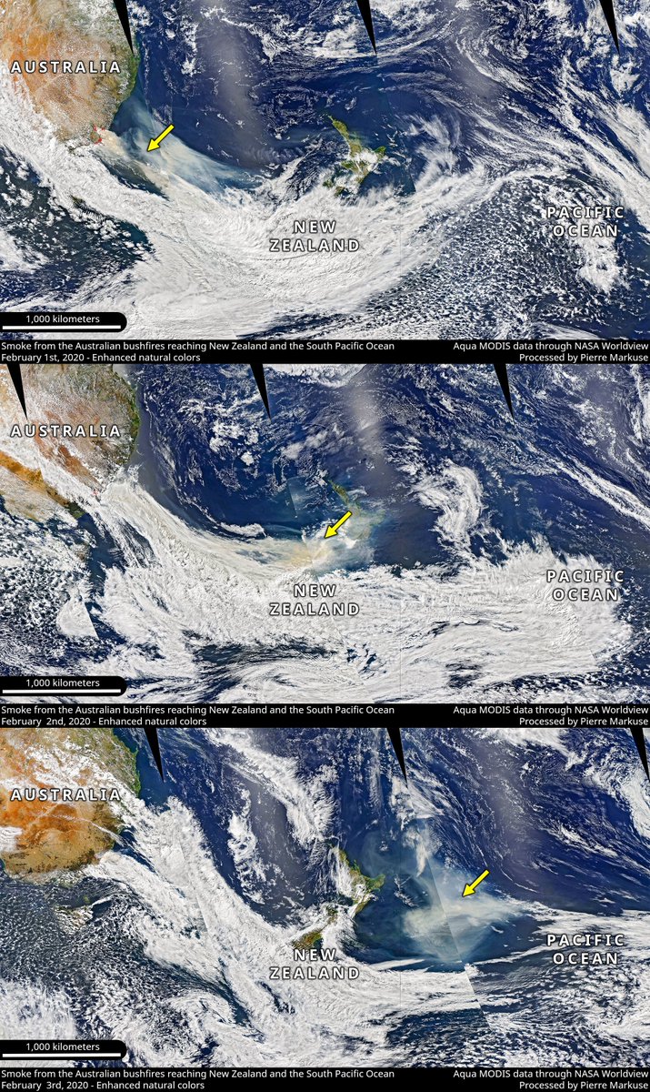 Smoke from the #Australian🇦🇺 #bushfires🔥 reaching #NewZealand🇳🇿 and the South Pacific Ocean - February 1st, 2nd, and 3rd, 2020 Aqua MODIS data through NASA Worldview, processed by Pierre Markuse