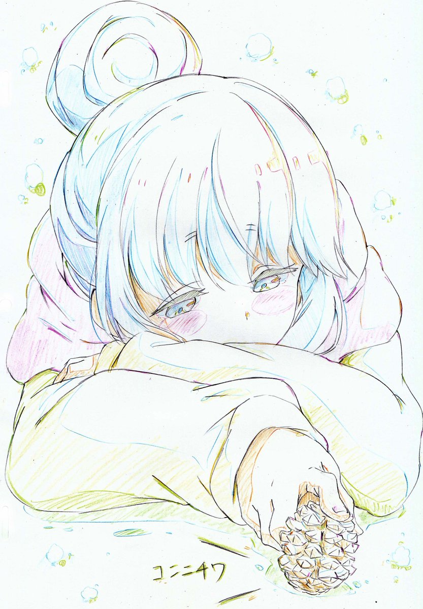 shima rin 1girl single hair bun color trace solo hair bun colored pencil (medium) blush  illustration images
