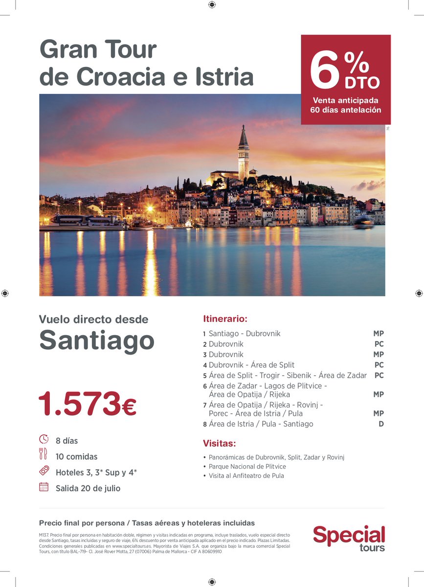 TravelAEstrada's tweet photo. ‼️Special Tours dende Santiago de Compostela con voo directo para este verán 2020‼️

📍Capitais Imperiais: saída 21/xuño
📍Croacia: saída 20/xullo
📍Polonia: saída 27/xullo

📢 Desconto do 6% por venta anticipada 📢

#simplementeviaxa #SimplyTravel #AEstrada https://t.co/ry7c5CBdH0