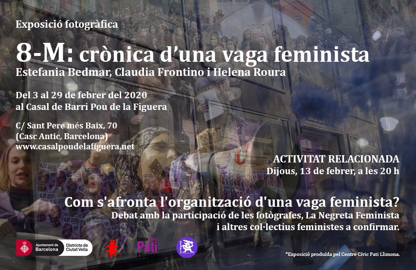 CFrontino's tweet photo. Des d’avui i fins el 29F, l’@helenroura, @estefaniabedmar i servidora exposem sobre #8M a @CasalPou! I el dijous 13F, debat amb @LaNegretaFemini! Venirseee! ✊🏼✊🏽✊🏾 https://t.co/lRUx7RBWdJ