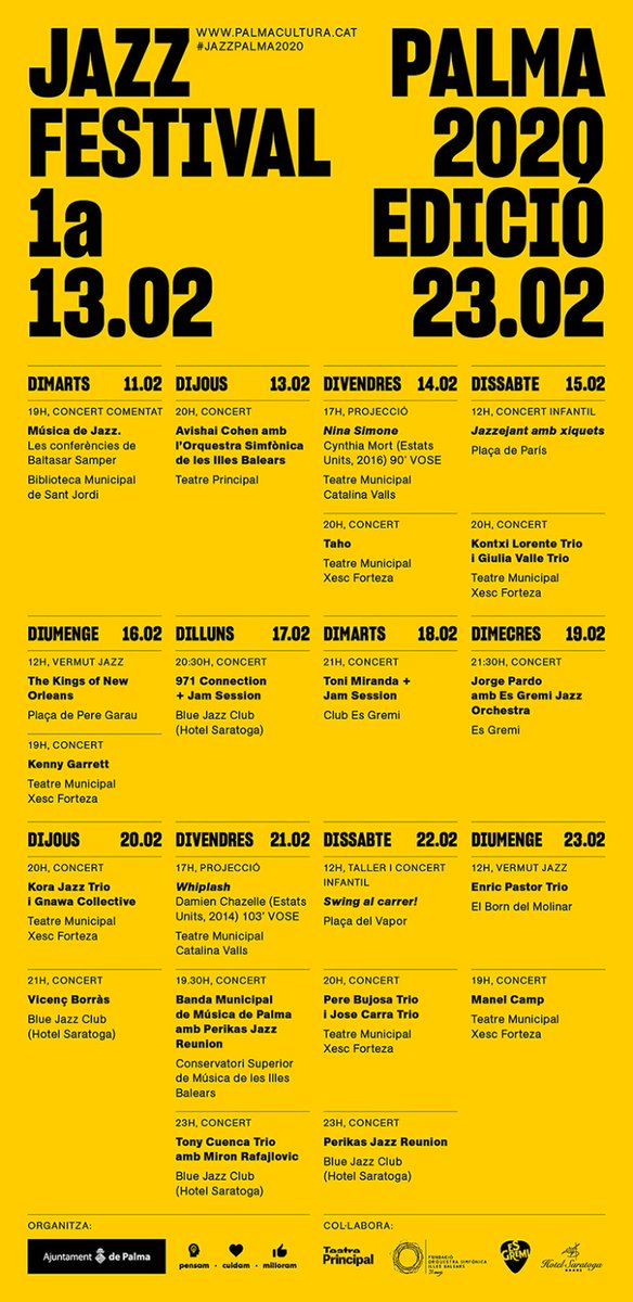 ajuntpalma's tweet photo. @biblioSantJordi @toninoguera @MiquelAngelCR @PalmaCultura @TresCultura Consulta el programa complet de concerts i activitats del #JazzPalma2020 🎷 

👇 #PalmaCreativa https://t.co/2XJZahAFdW