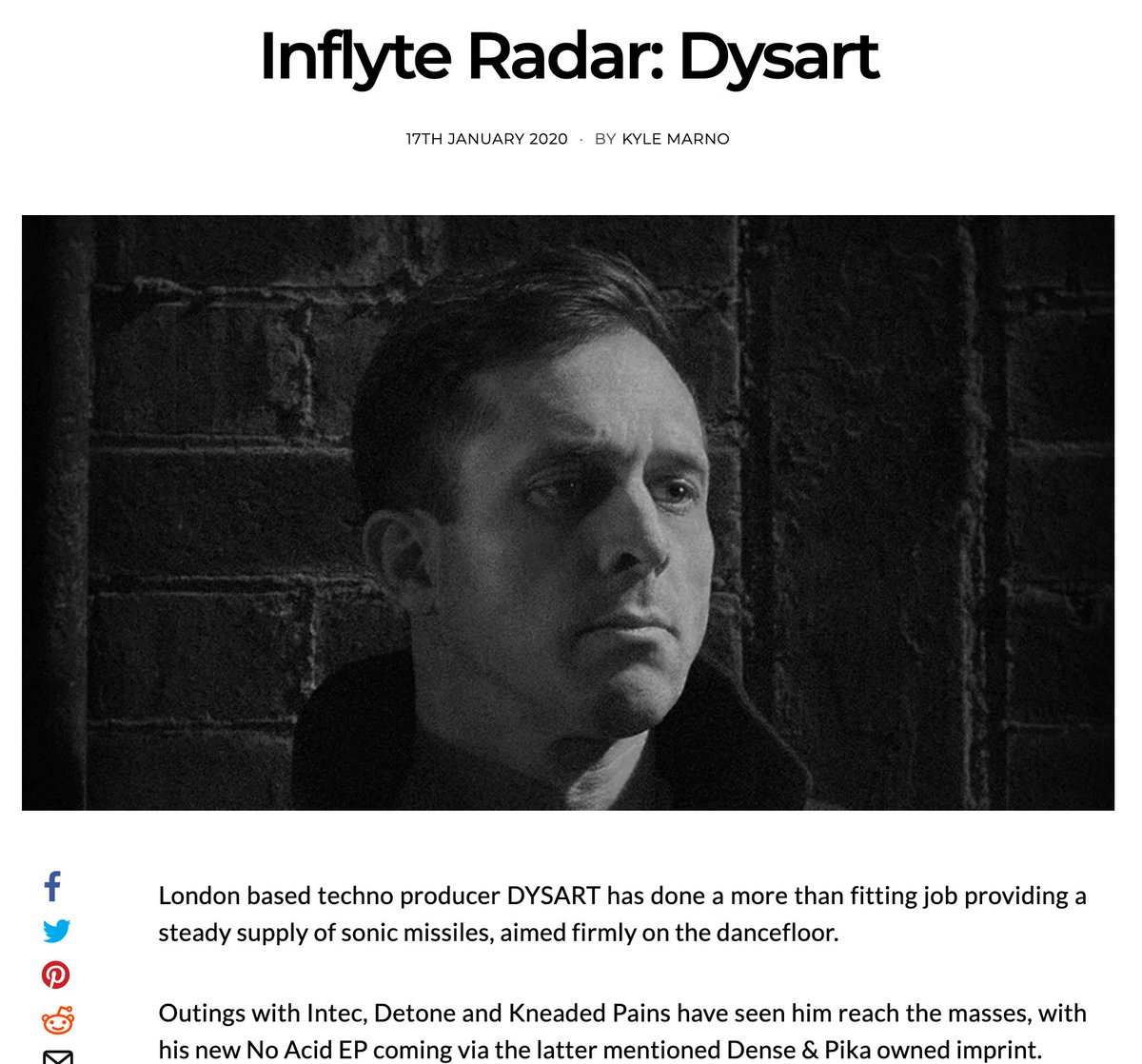 DysartSounds's tweet photo. Music Distribution platform Inflyte featuring yours truly - 
"London based techno producer DYSART has done a more than fitting job providing a steady supply of sonic missiles, aimed firmly on the dancefloor"  Klye Marno 

#dysart #techno @beatport @InflyteApp @kneadedpains https://t.co/OYz8mgHcbP