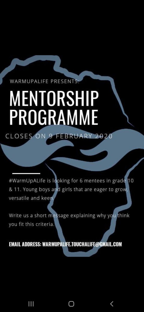warmupalife's tweet photo. Good Day.

Mentorship applications close on the 9 February 2020. Thank you to all those that have sent their applications. https://t.co/aoppCJPyK8