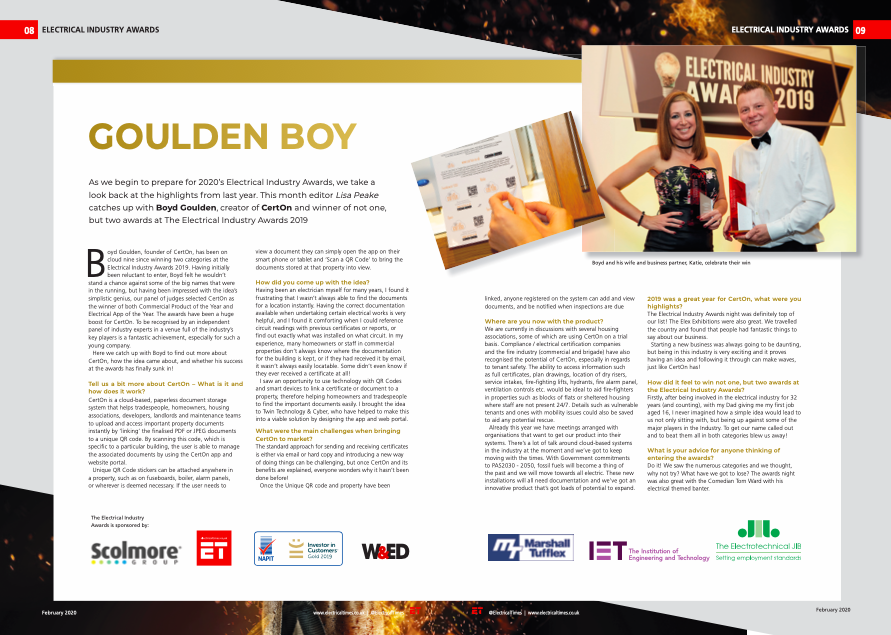 twin_technology's tweet photo. Following their multiple award wins, team @CertonL were recently interviewed by the @ElectricalTimes for their February Issue! 🏆

Take a look! 👇👇

@wearecyber #CertOn #GouldenBoy #app #appdevelopment #awardwinners https://t.co/jT7geCNieW