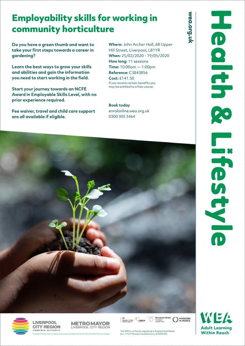 Amazing Merseyside Land projects!
Are there any people in your network interested in this course or have something to share with the group? 

enrolonline.wea.org.uk/online/2019/co…

<a href="/ricelanefarm/">Rice Lane City Farm</a> <a href="/faiths4change/">Faiths4Change</a> @squashliverpool <a href="/GrowSpeke/">Grow Speke</a> <a href="/toxtethtownhall/">Toxteth Town Hall</a> <a href="/TheFlorrie/">The Florrie</a> <a href="/M_O_W_L_L/">MOWLL</a>