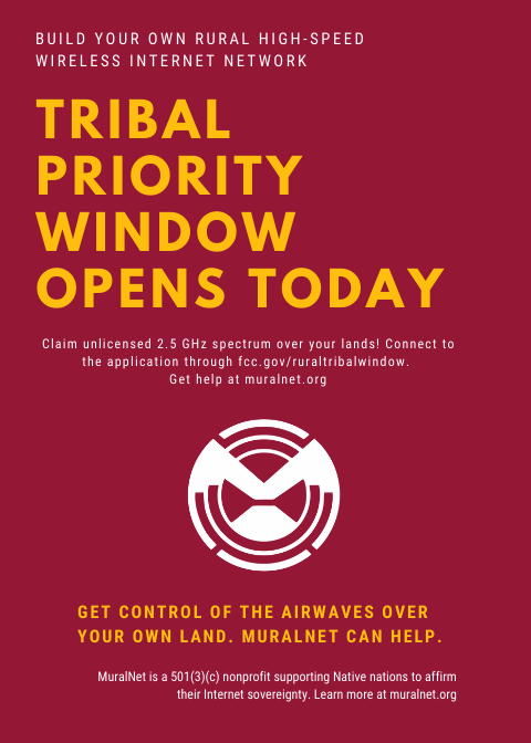 MuralNetwork's tweet photo. Claim unlicensed airwaves over your tribal lands today! Connect your community to the Internet on your terms. Applications open today. #tribalprioritywindow #nativenetworks #yourairwavesyourland https://t.co/QKRawEeaDH